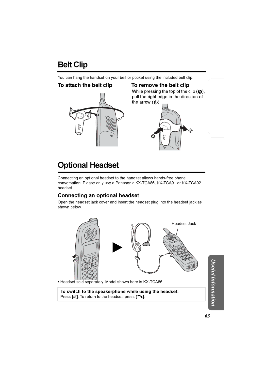 Panasonic KX-TG5230C operating instructions Belt Clip, Optional Headset, To attach the belt clip To remove the belt clip 