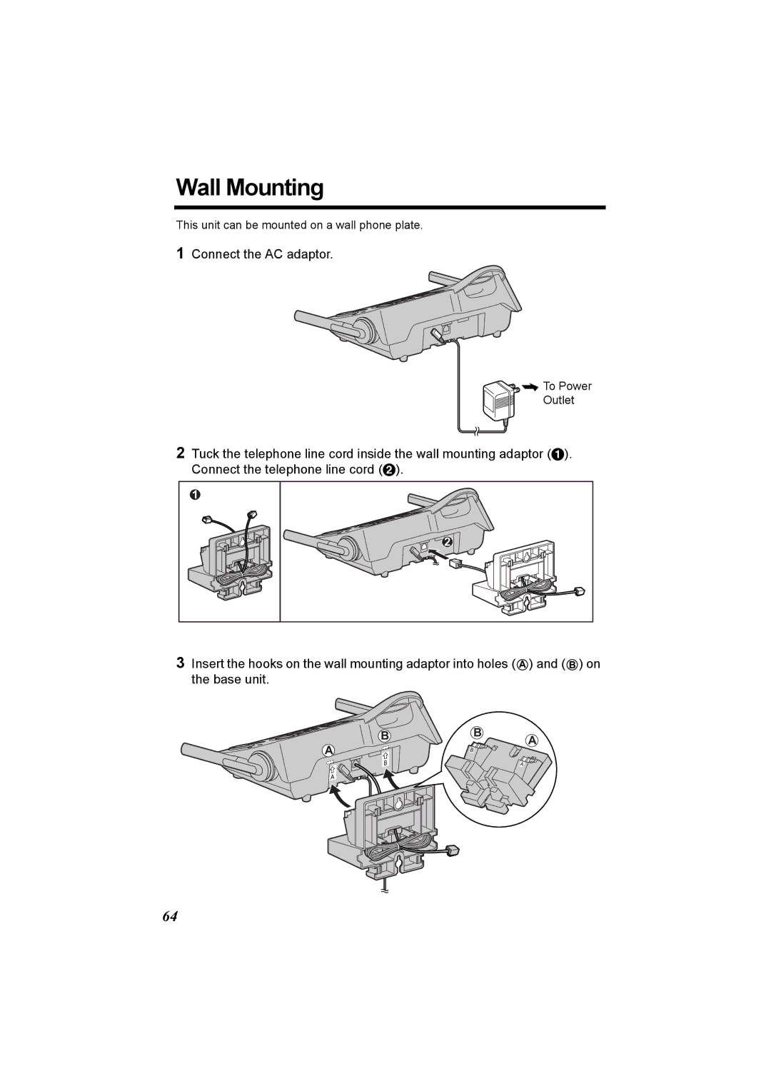 Panasonic KX-TG5230C operating instructions Wall Mounting, Connect the AC adaptor 