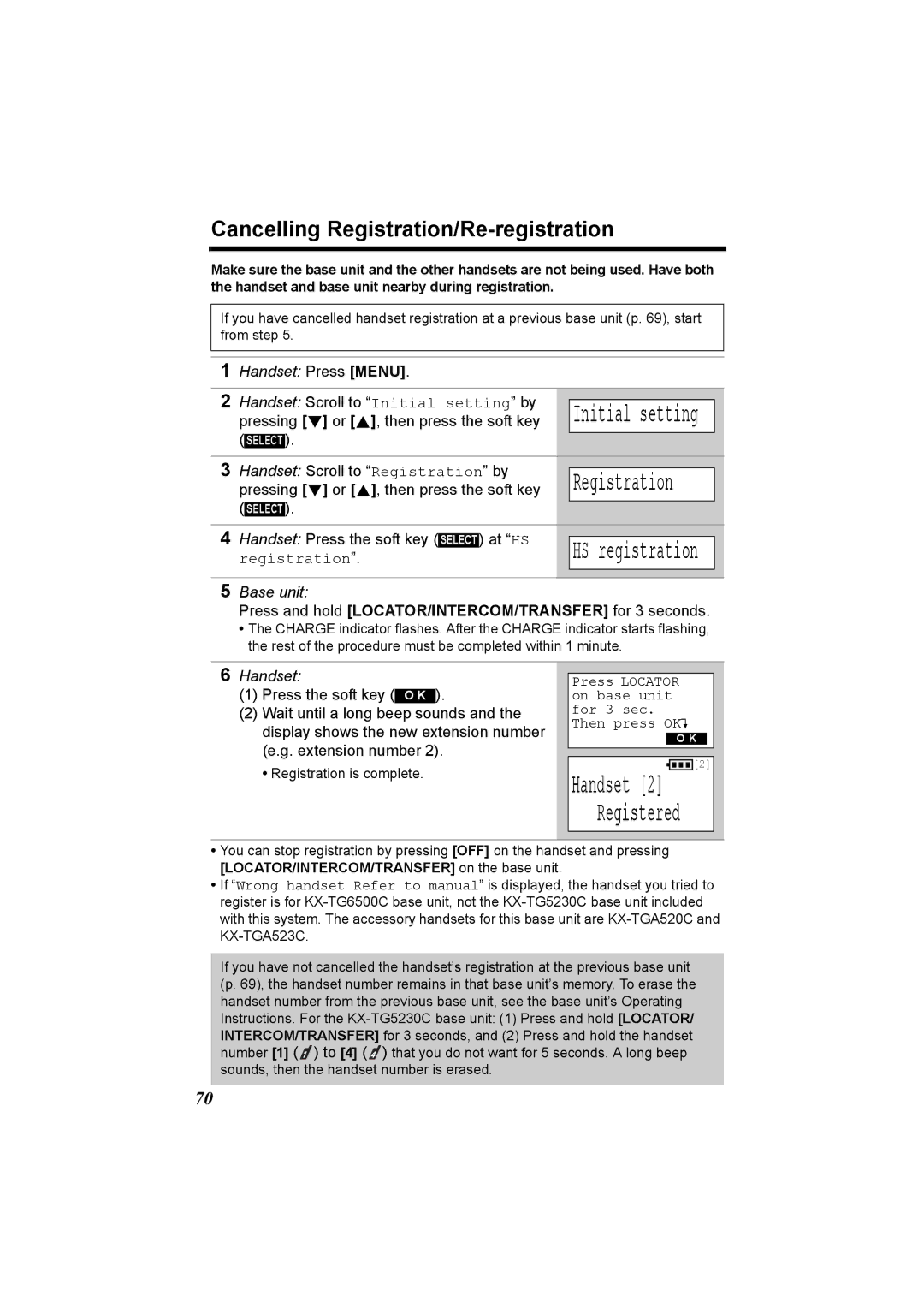 Panasonic KX-TG5230C Cancelling Registration/Re-registration, Press and hold LOCATOR/INTERCOM/TRANSFER for 3 seconds 