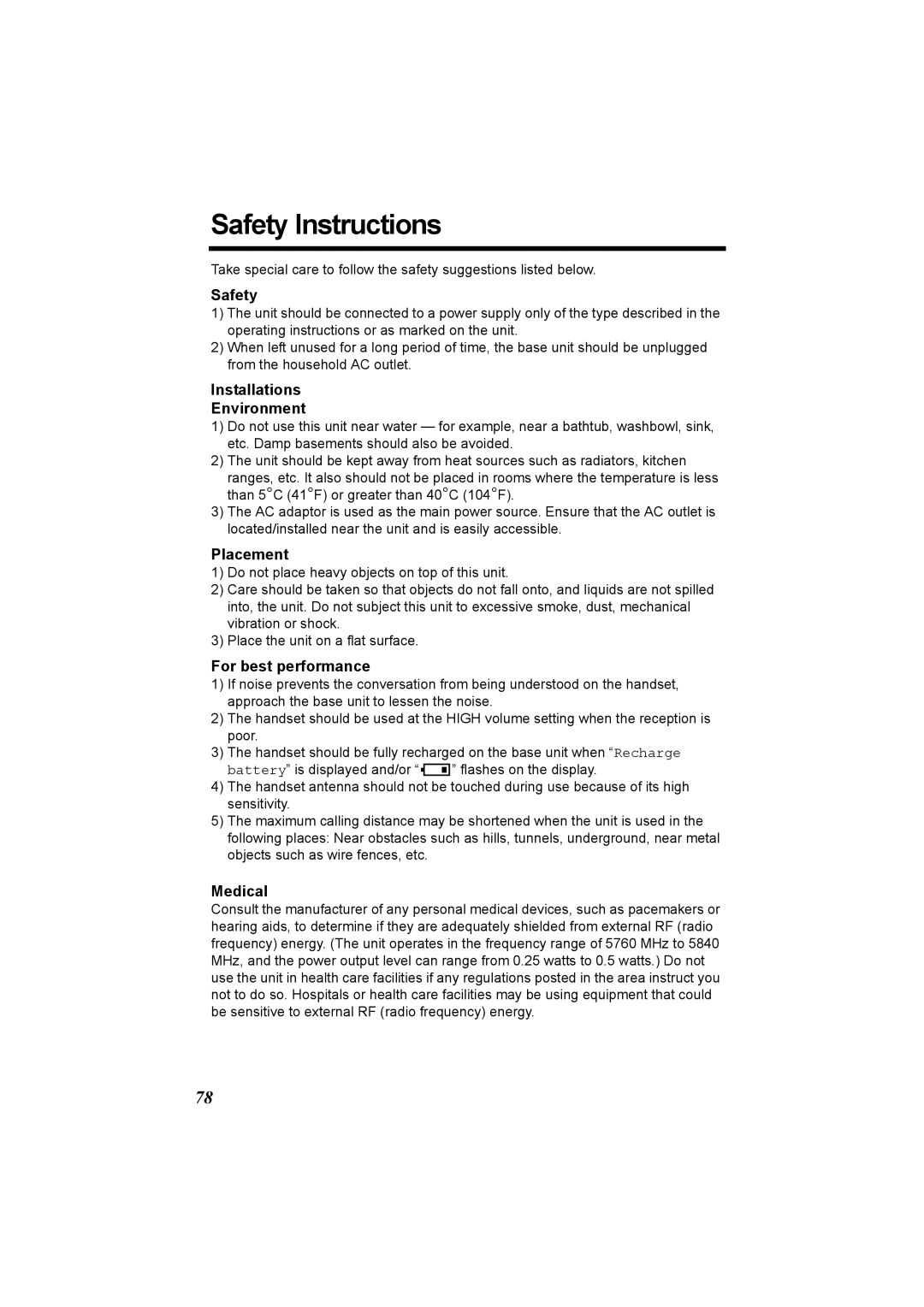 Panasonic KX-TG5230C operating instructions Safety Instructions 