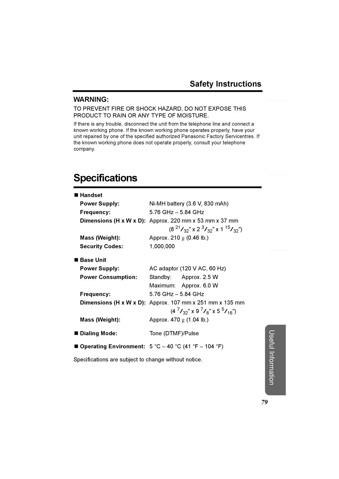 Panasonic KX-TG5230C operating instructions Specifications, Safety Instructions 