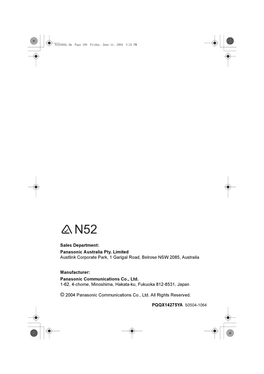 Panasonic KX-TG5240AL Sales Department Panasonic Australia Pty. Limited, Manufacturer, PQQX14275YA S0504-1064 
