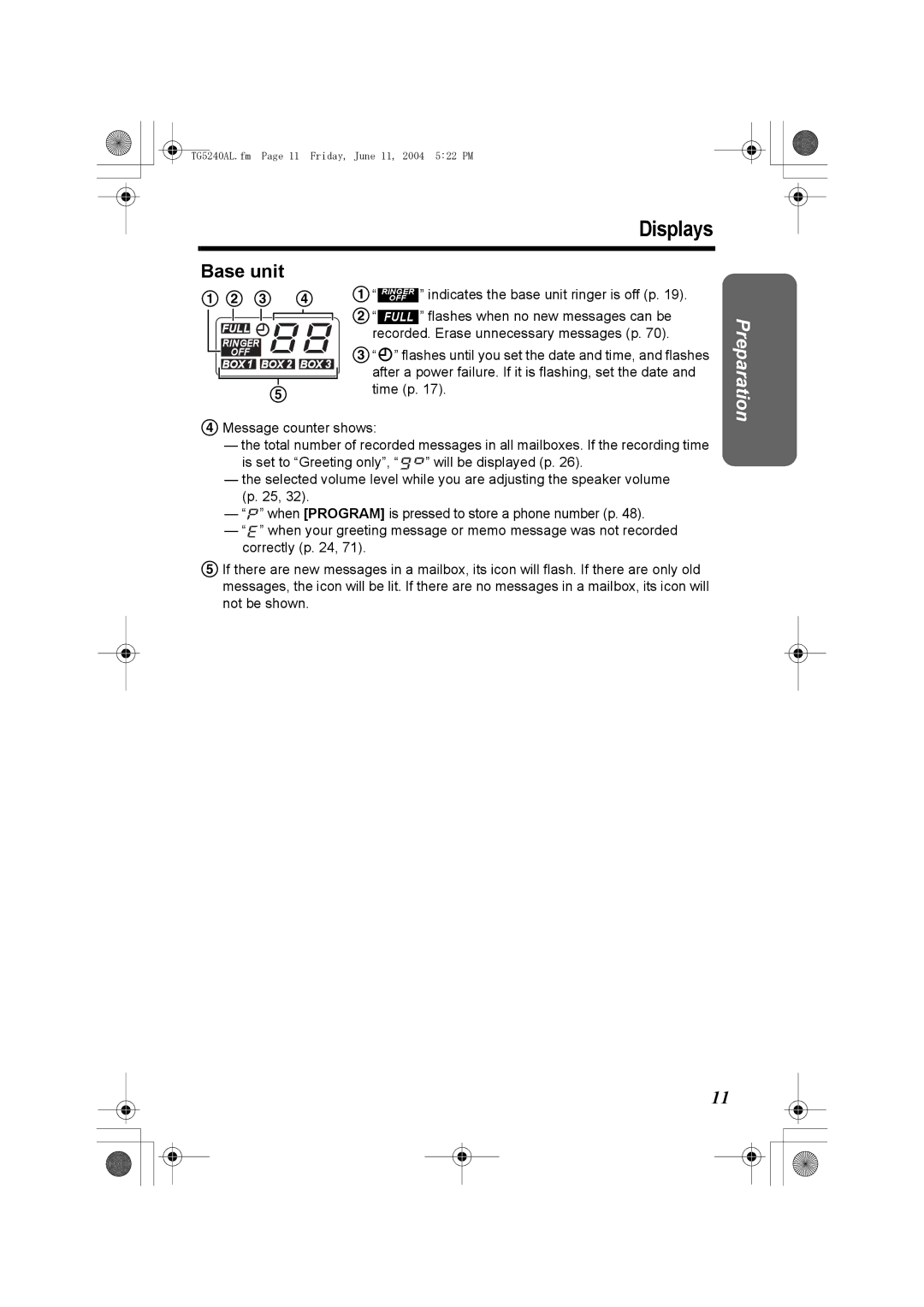 Panasonic KX-TG5240AL operating instructions Displays, Preparation 