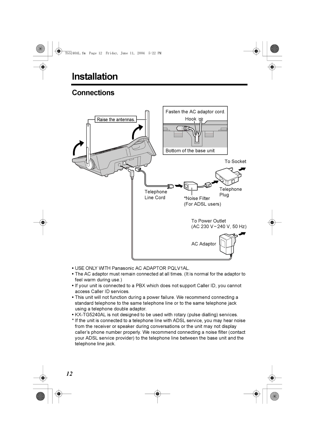 Panasonic KX-TG5240AL operating instructions Installation, Connections 