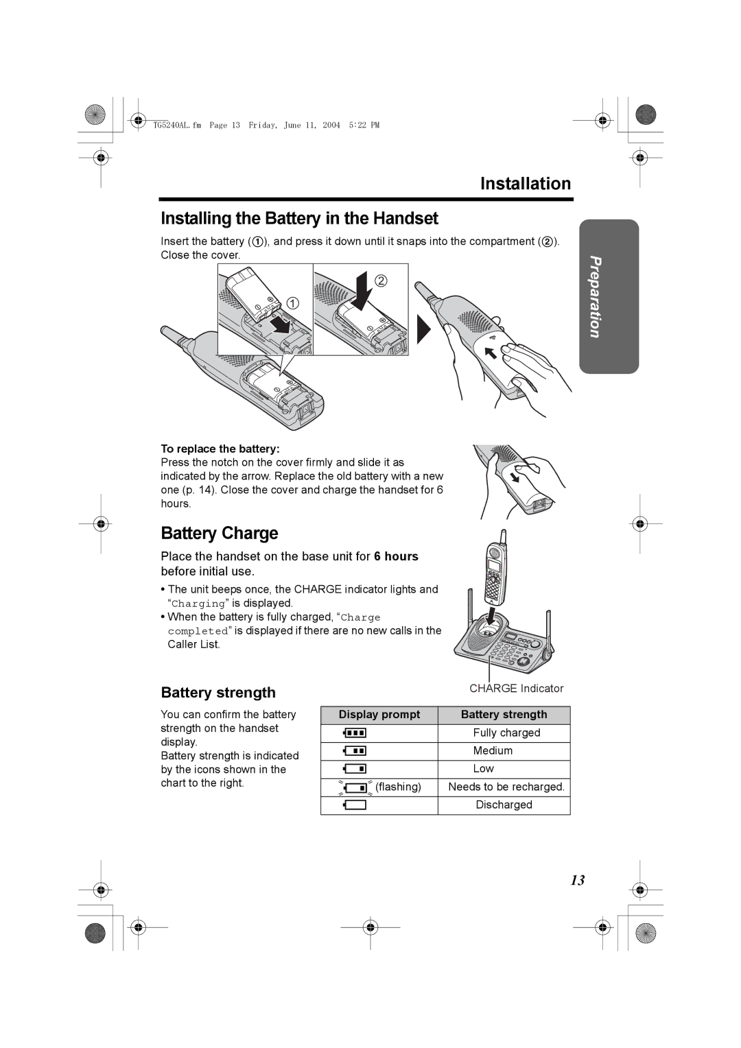 Panasonic KX-TG5240AL Installation Installing the Battery in the Handset, Battery Charge, Battery strength 