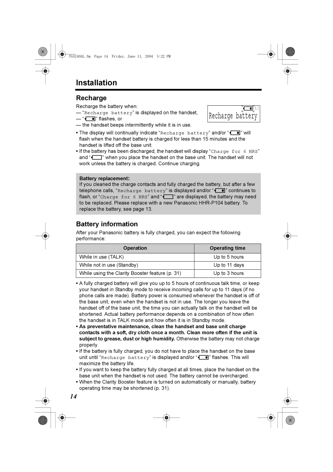 Panasonic KX-TG5240AL operating instructions Recharge battery, Installation, Battery information 