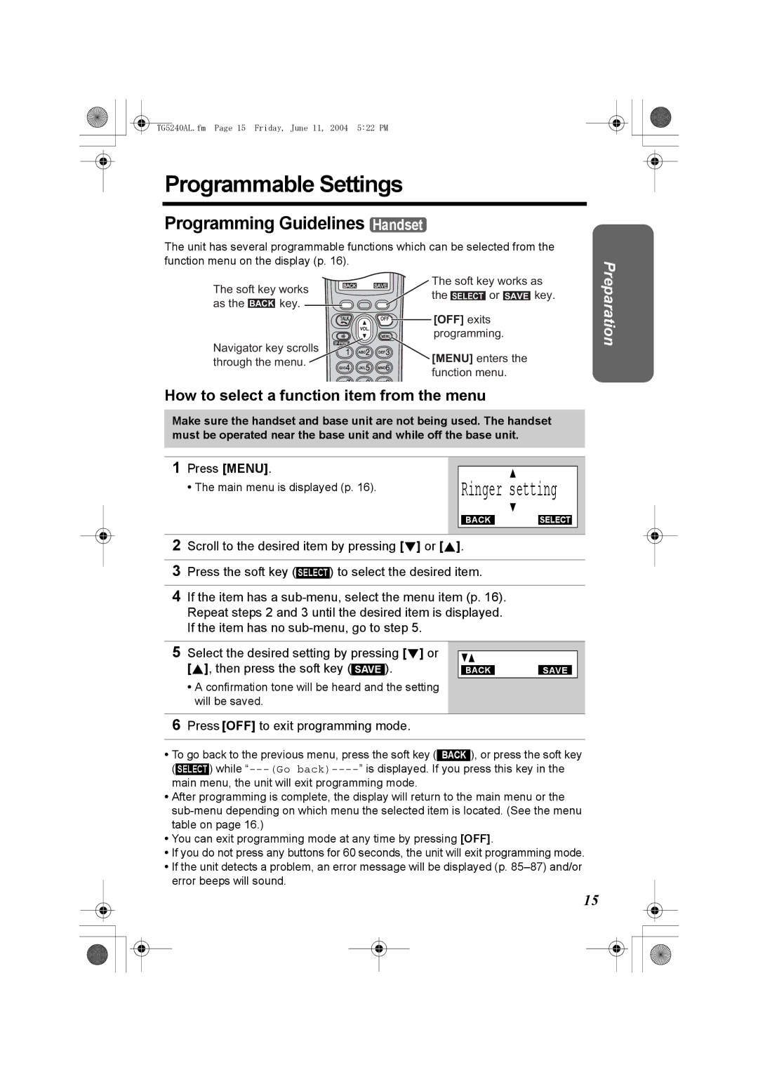 Panasonic KX-TG5240AL operating instructions Programmable Settings, Ringer setting, Programming Guidelines Handset 