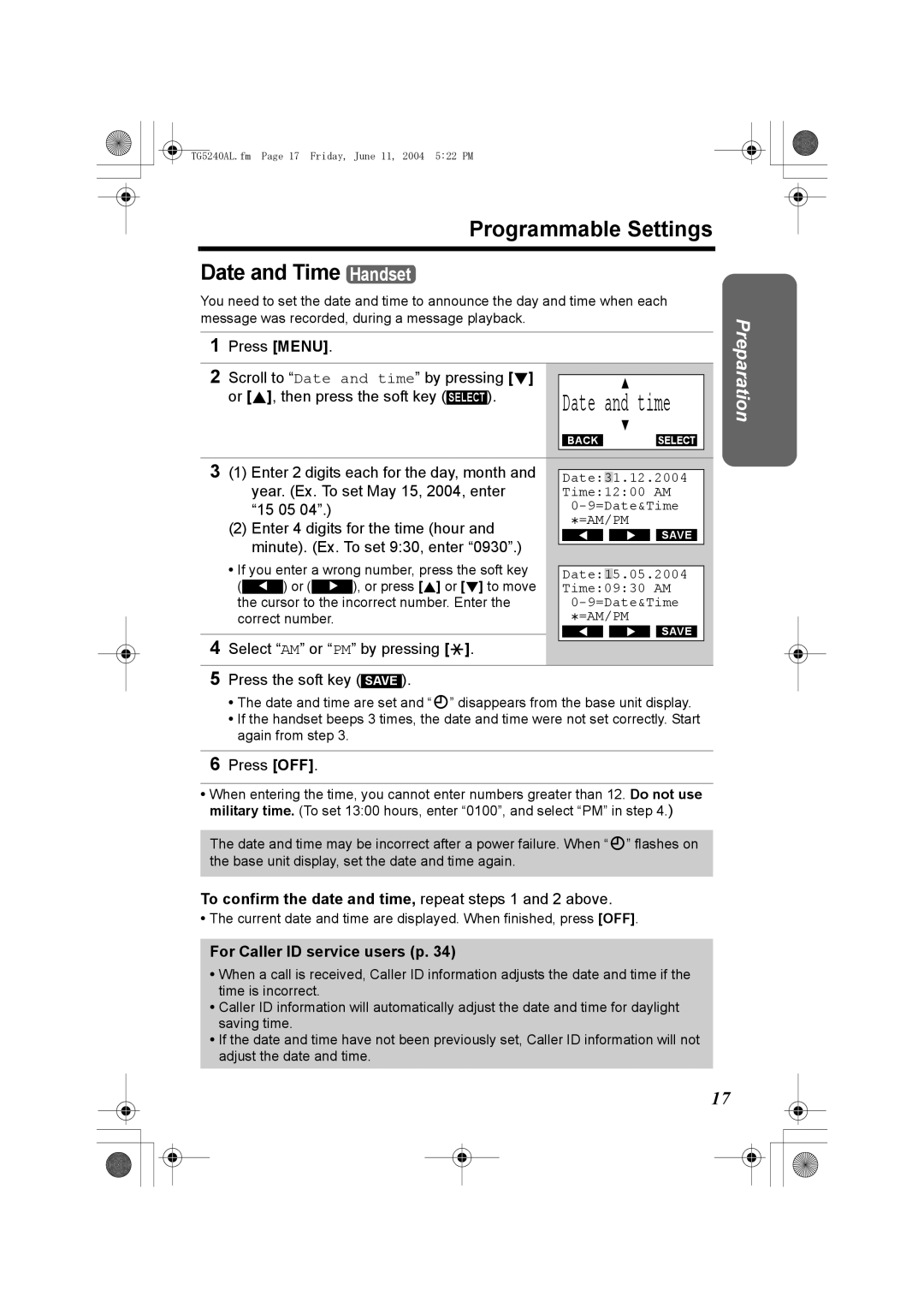 Panasonic KX-TG5240AL operating instructions Programmable Settings Date and Time Handset, For Caller ID service users p 