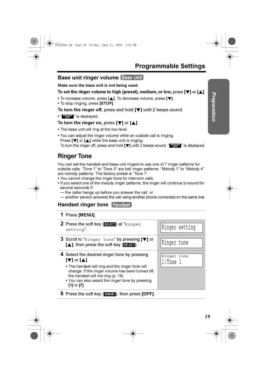 Panasonic KX-TG5240AL operating instructions 1Tone, Programmable Settings, Ringer Tone, Base unit ringer volume Base Unit 