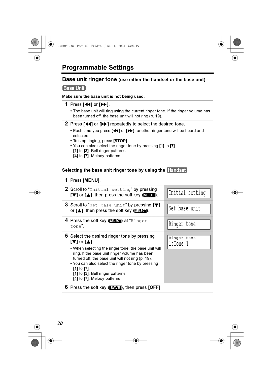 Panasonic KX-TG5240AL operating instructions Initial setting, Selecting the base unit ringer tone by using the Handset 