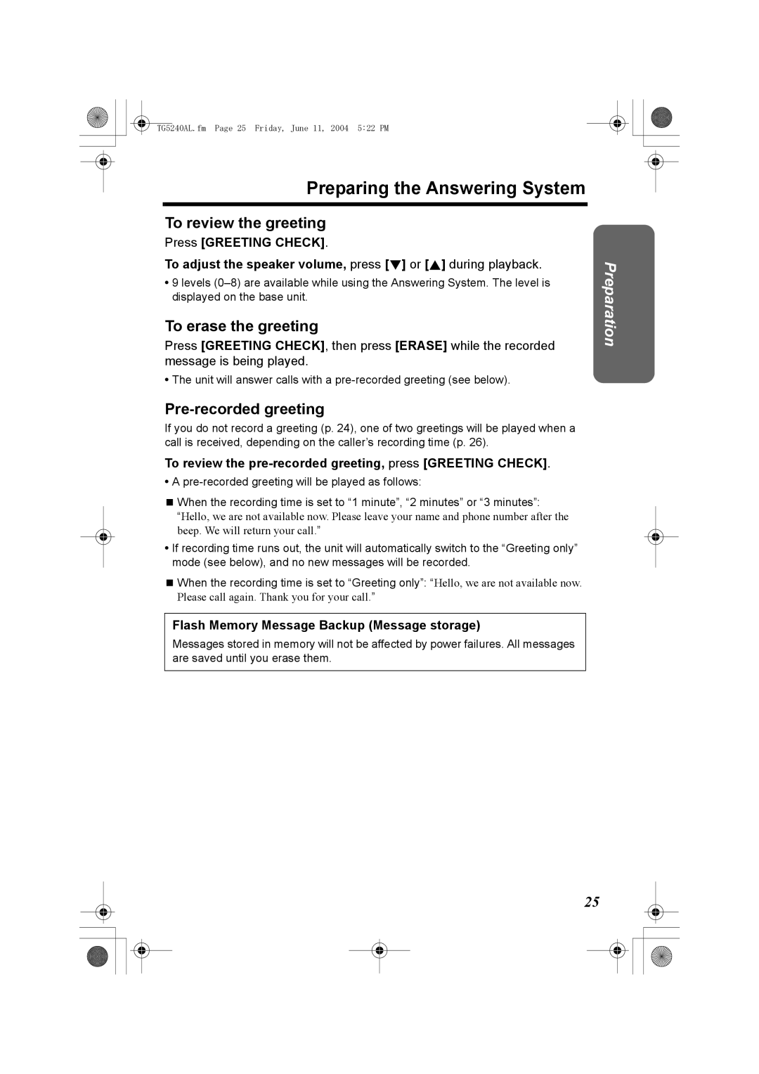 Panasonic KX-TG5240AL Preparing the Answering System, To review the greeting, To erase the greeting, Pre-recorded greeting 