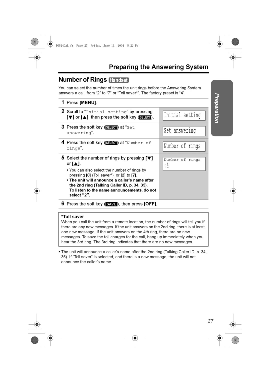 Panasonic KX-TG5240AL Preparing the Answering System Number of Rings Handset, Number of rings, Toll saver 