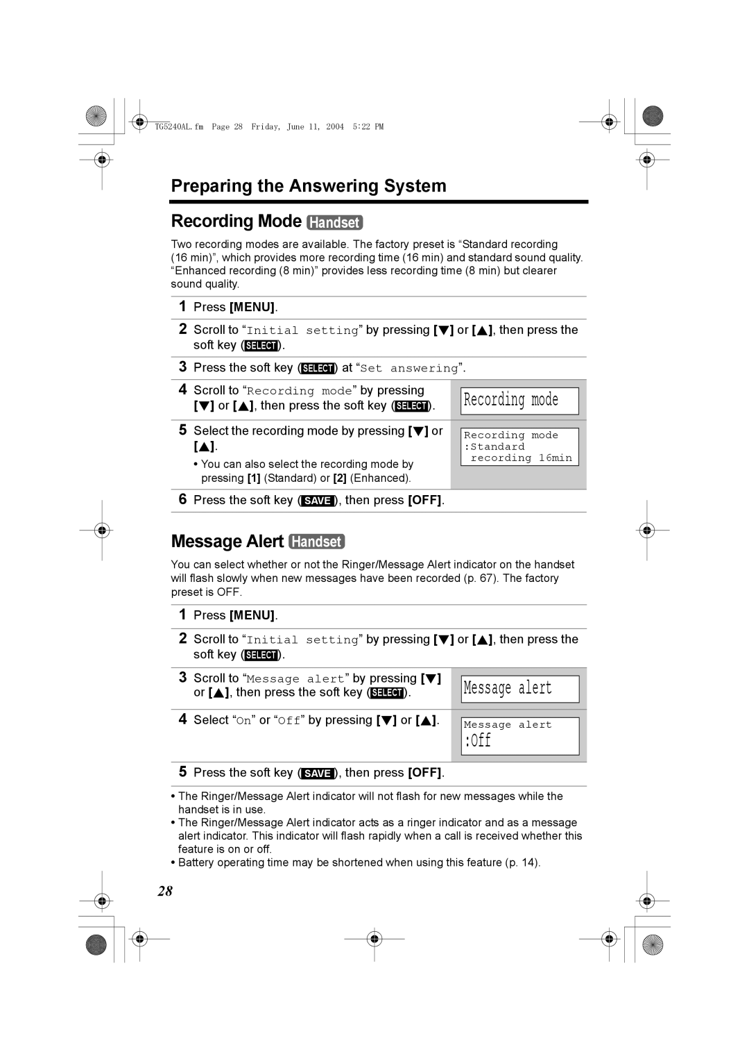 Panasonic KX-TG5240AL Preparing the Answering System Recording Mode Handset, Message Alert Handset, Recording mode 