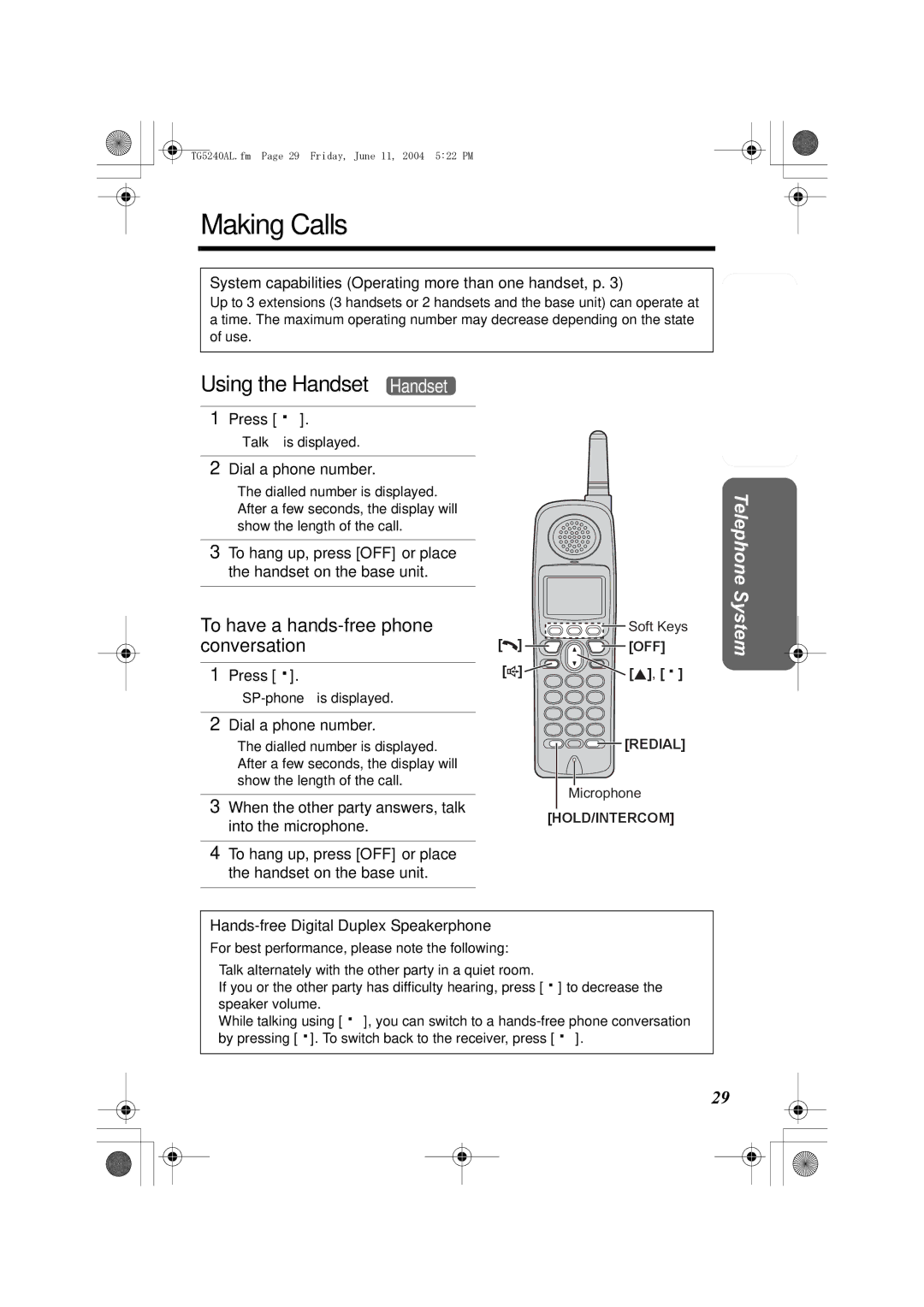 Panasonic KX-TG5240AL Making Calls, Using the Handset Handset, To have a hands-free phone conversation 