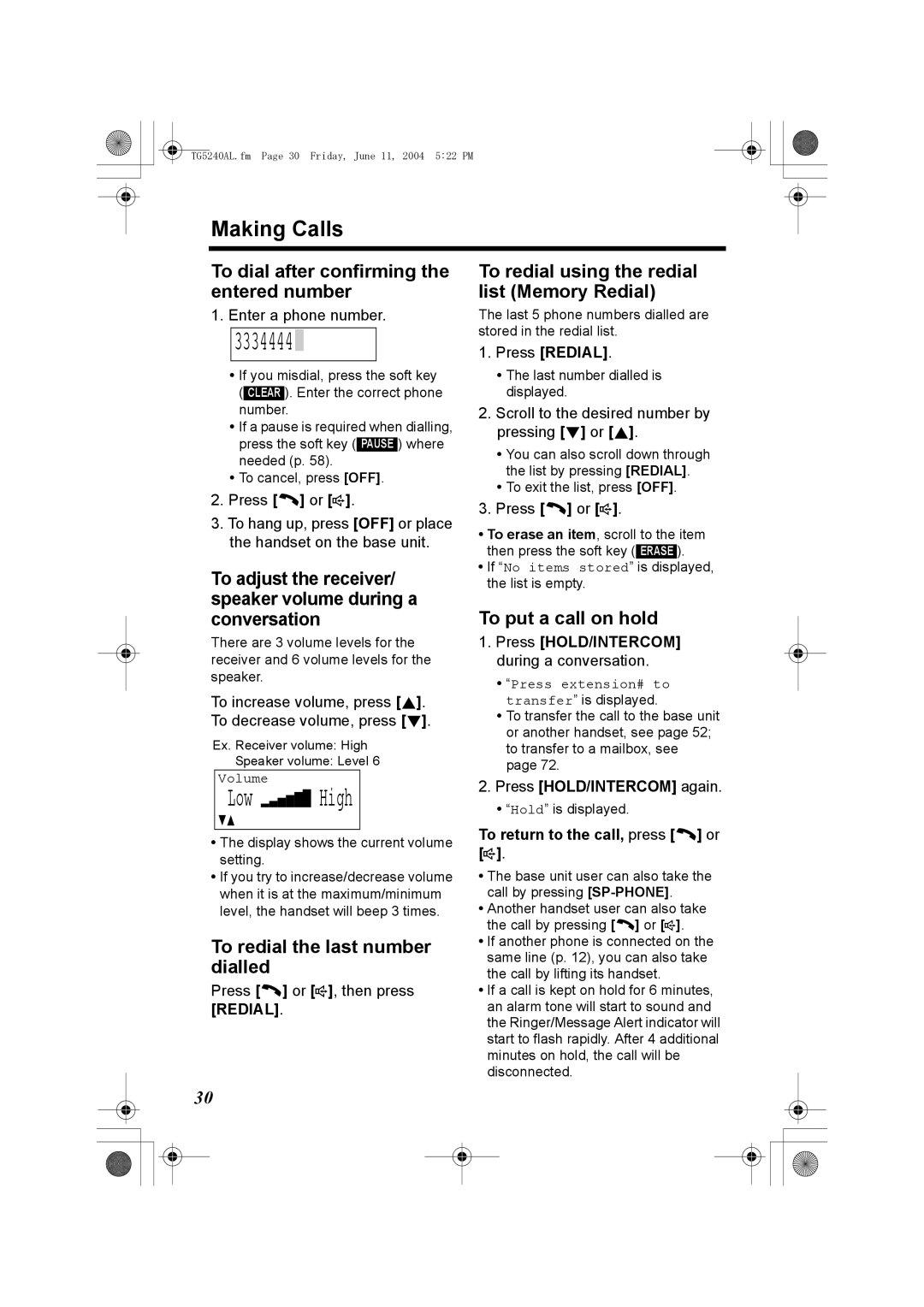 Panasonic KX-TG5240AL operating instructions 3334444, Low High, Making Calls 