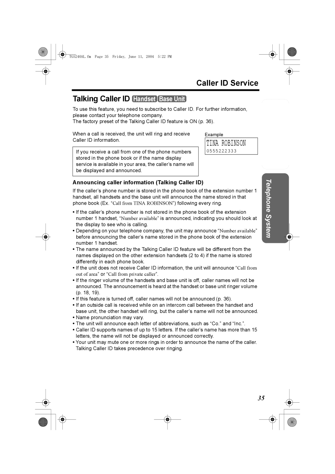 Panasonic KX-TG5240AL operating instructions Caller ID Service Talking Caller ID Handset Base Unit 