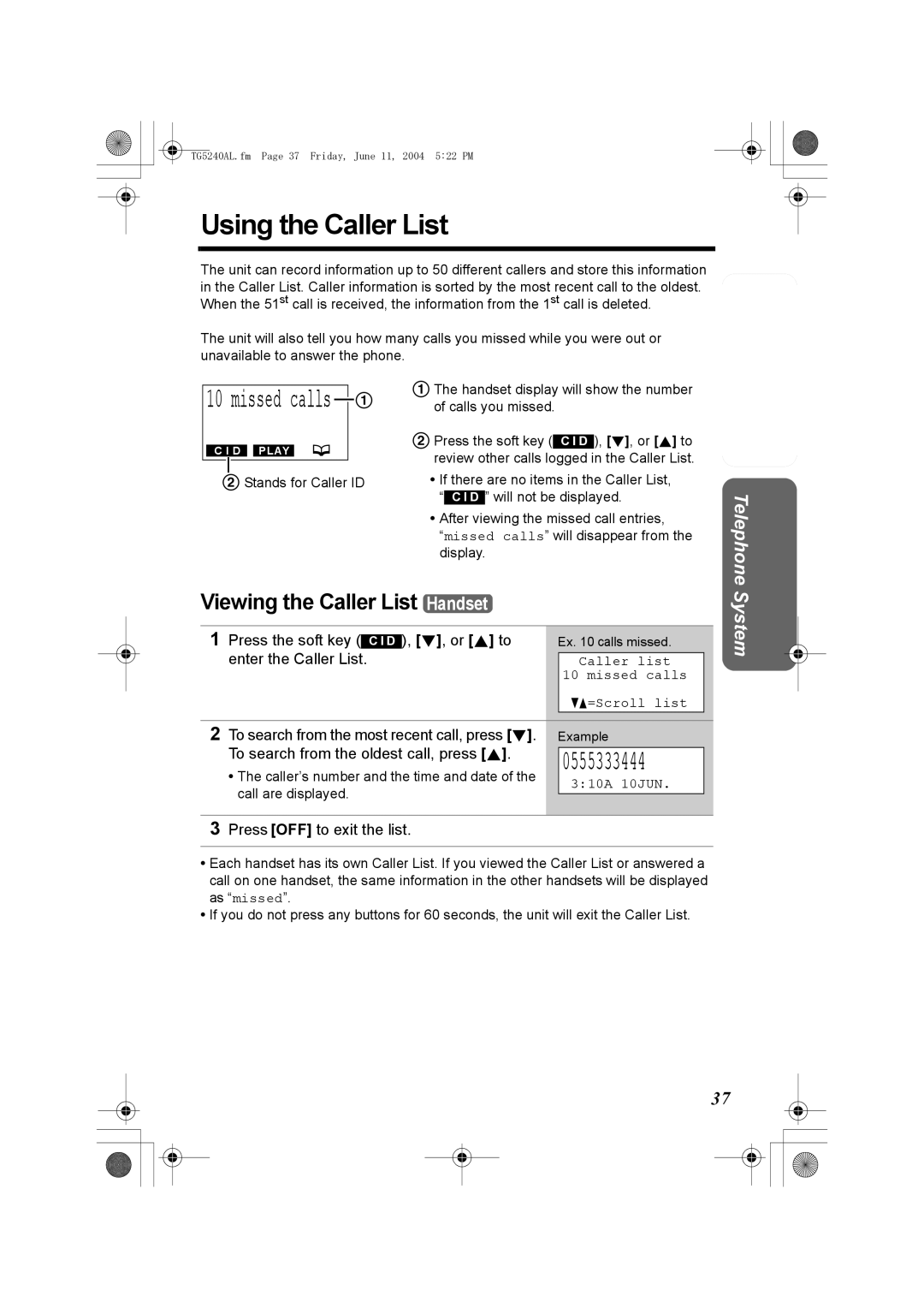 Panasonic KX-TG5240AL operating instructions Using the Caller List, Viewing the Caller List Handset 