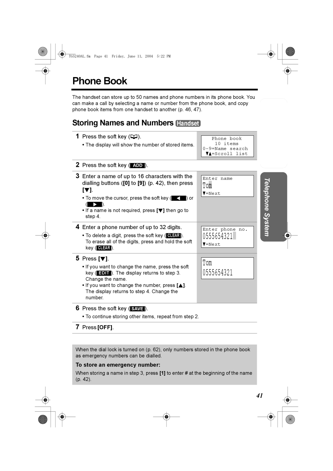 Panasonic KX-TG5240AL Phone Book, Tom, Storing Names and Numbers Handset, To store an emergency number 