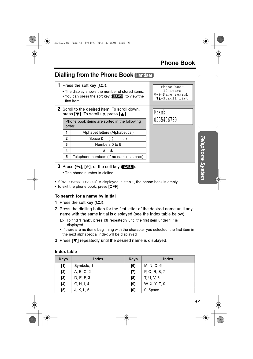 Panasonic KX-TG5240AL operating instructions Frank, To search for a name by initial, Index table 