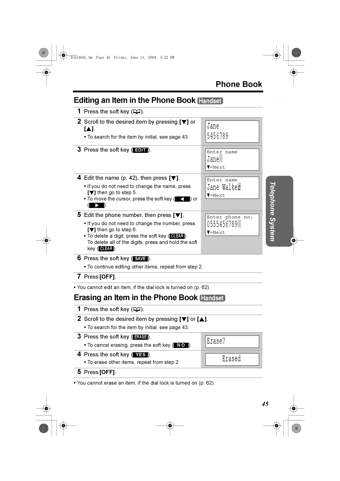 Panasonic KX-TG5240AL operating instructions Jane, 5456789, Erase?, Erased 