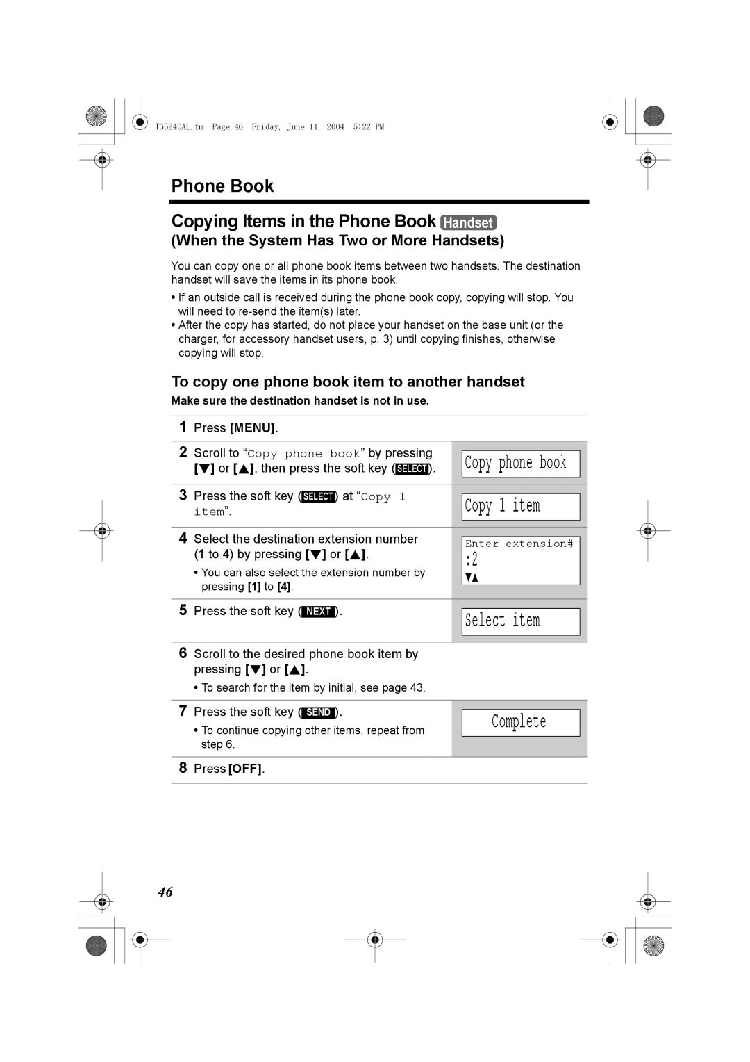 Panasonic KX-TG5240AL operating instructions To copy one phone book item to another handset, Copy phone book 