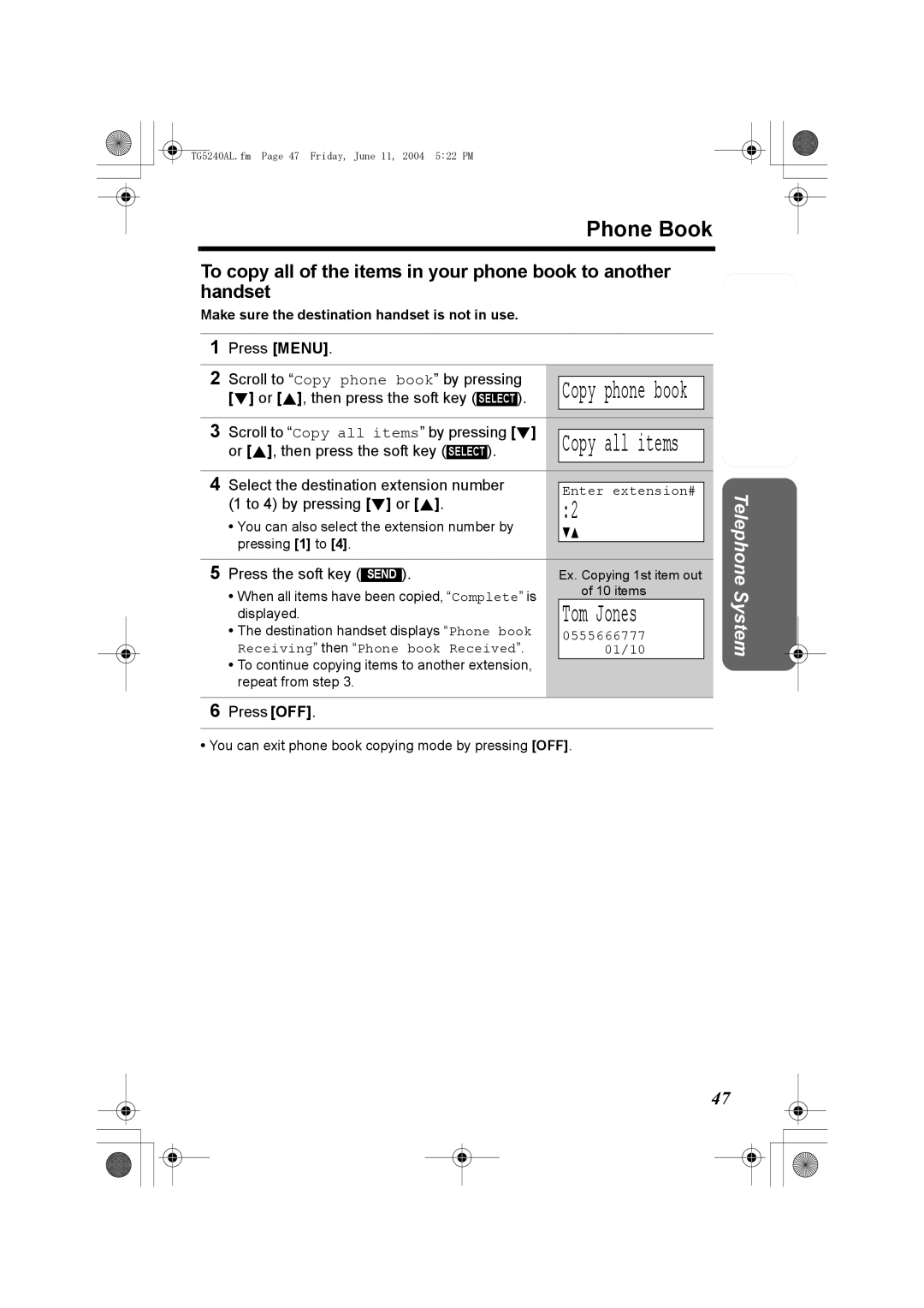 Panasonic KX-TG5240AL operating instructions Tom Jones, Scroll to Copy all items by pressing d 