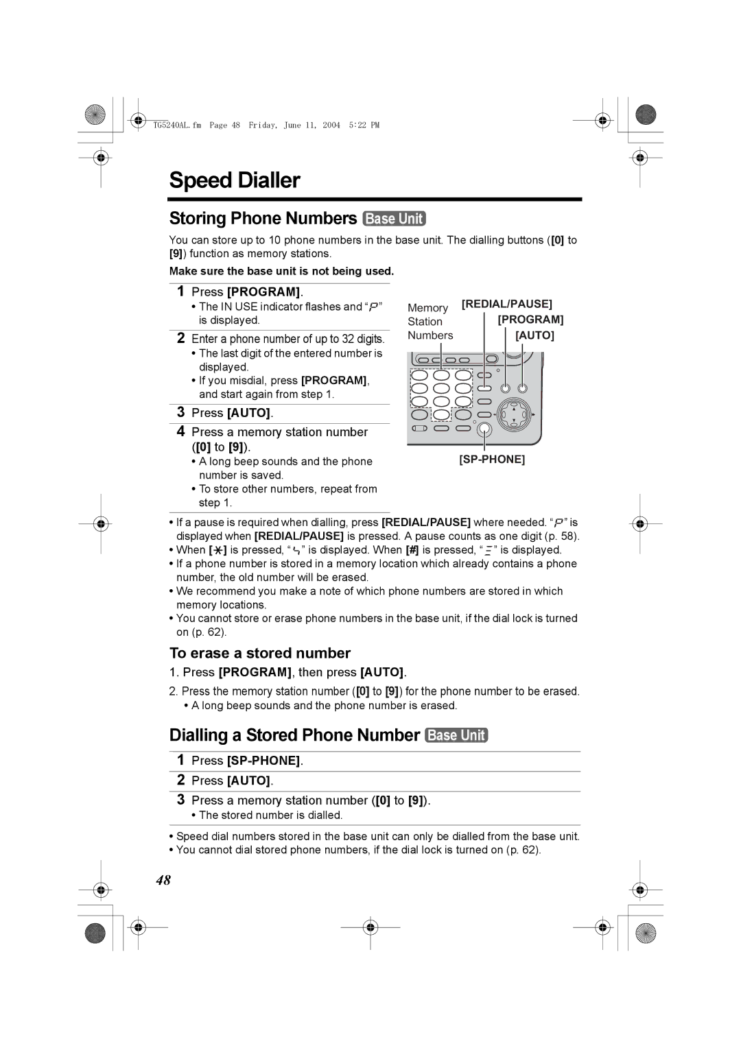 Panasonic KX-TG5240AL Speed Dialler, Storing Phone Numbers Base Unit, Dialling a Stored Phone Number Base Unit 