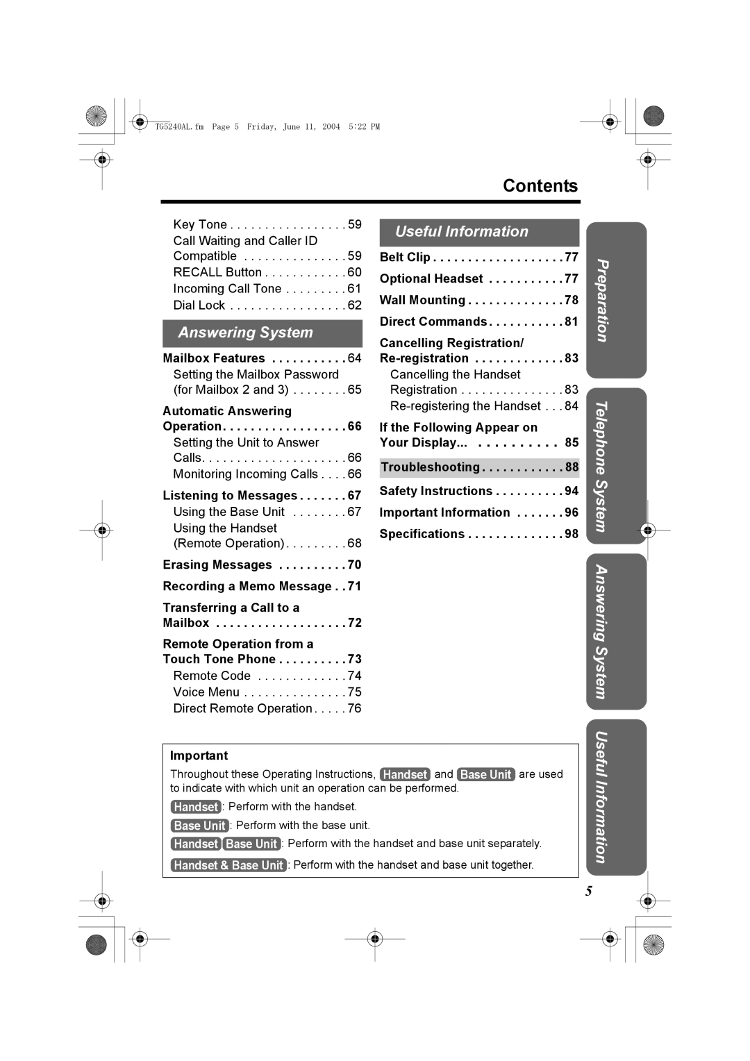 Panasonic KX-TG5240AL operating instructions Contents 