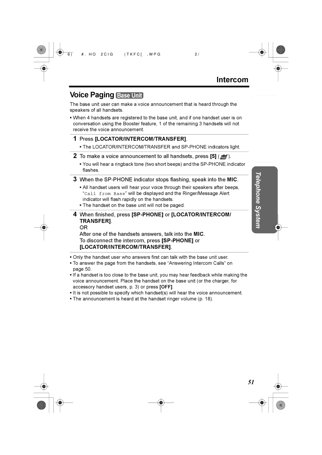 Panasonic KX-TG5240AL Intercom Voice Paging Base Unit, To make a voice announcement to all handsets, press 