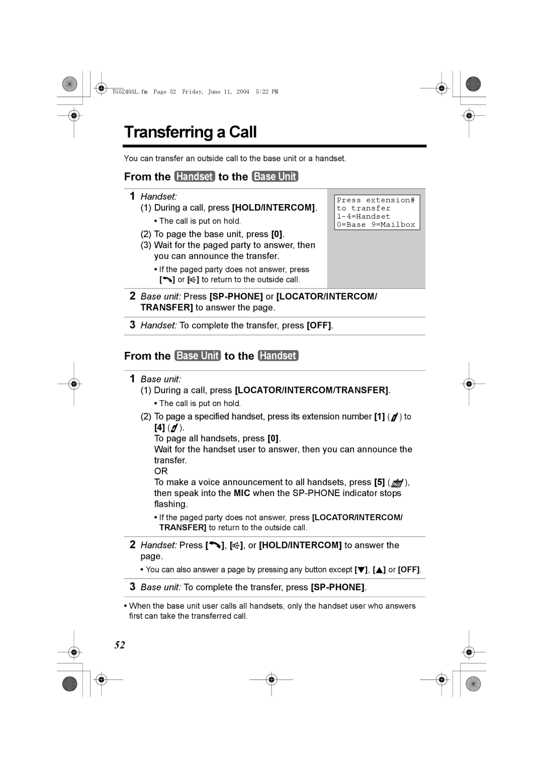 Panasonic KX-TG5240AL operating instructions Transferring a Call, Handset To complete the transfer, press OFF 