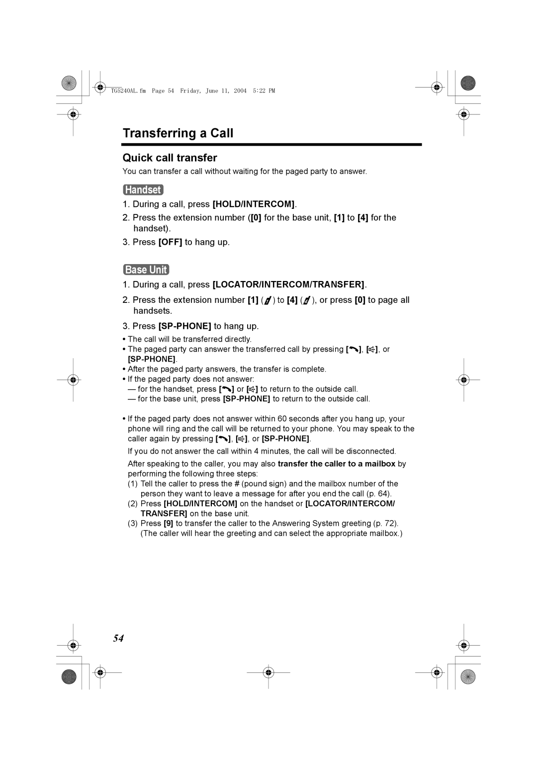 Panasonic KX-TG5240AL operating instructions Quick call transfer 