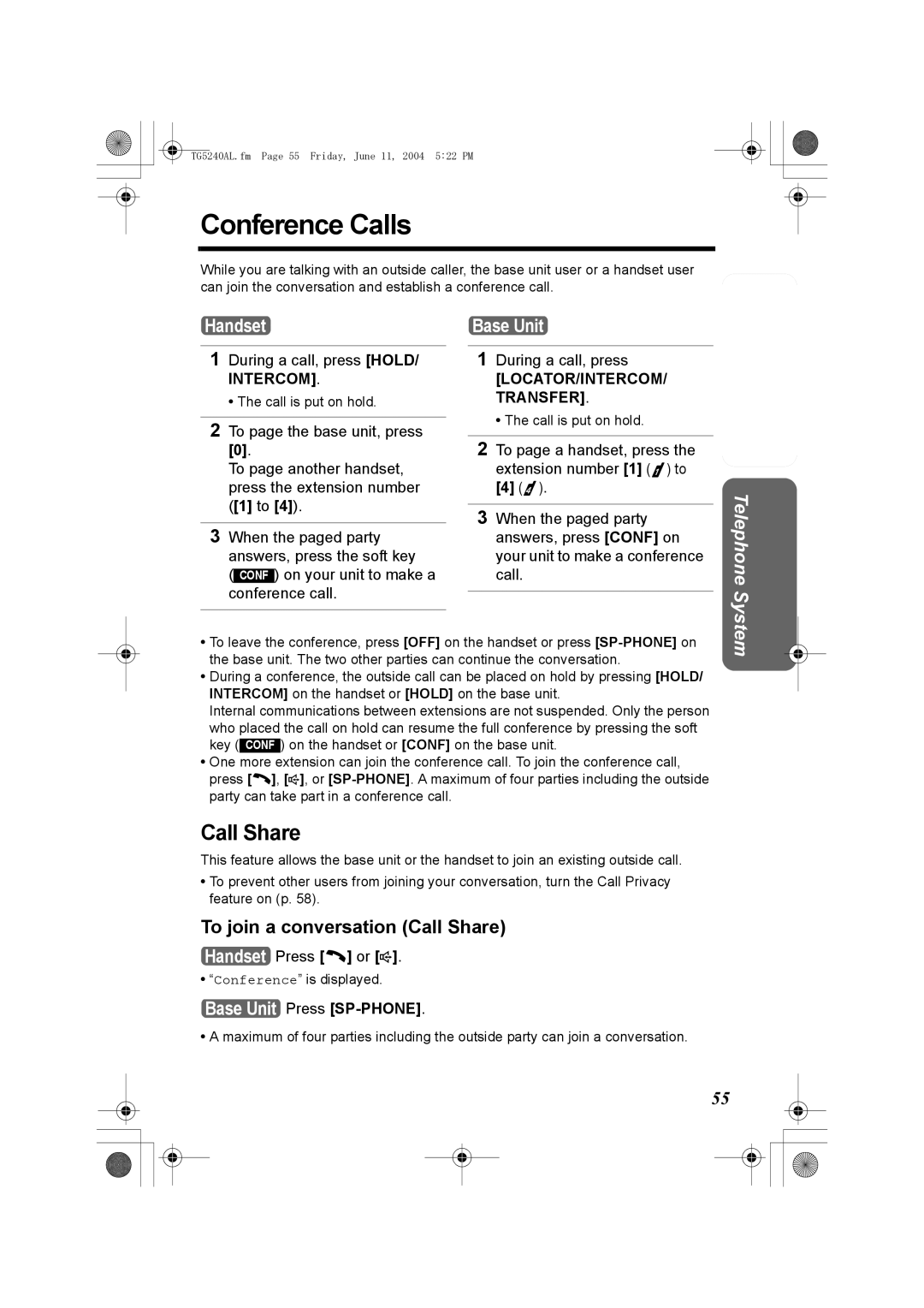 Panasonic KX-TG5240AL operating instructions Conference Calls, To join a conversation Call Share 