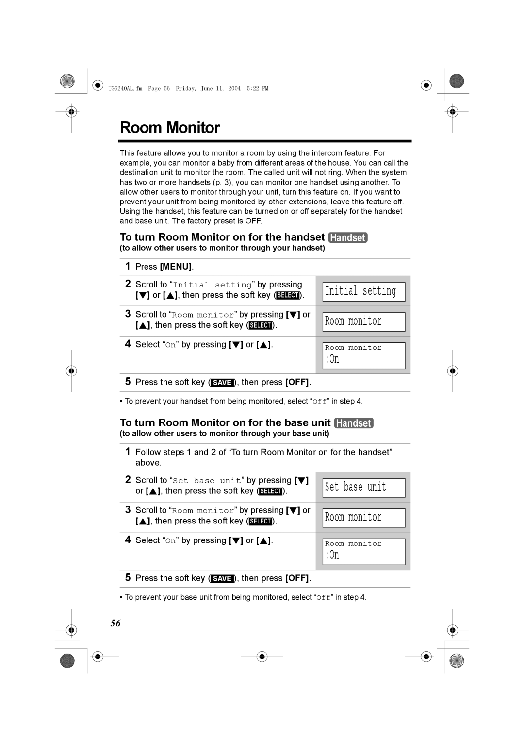 Panasonic KX-TG5240AL To turn Room Monitor on for the handset Handset, Scroll to Room monitor by pressing d or 