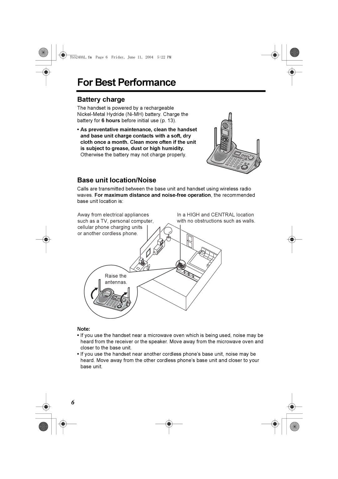 Panasonic KX-TG5240AL operating instructions For Best Performance, Battery charge, Base unit location/Noise 