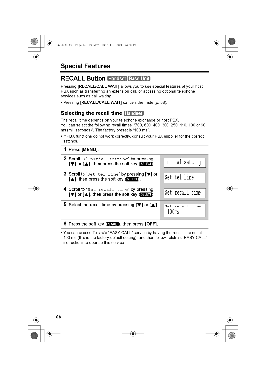 Panasonic KX-TG5240AL operating instructions 100ms, Special Features, Selecting the recall time Handset, Set recall time 