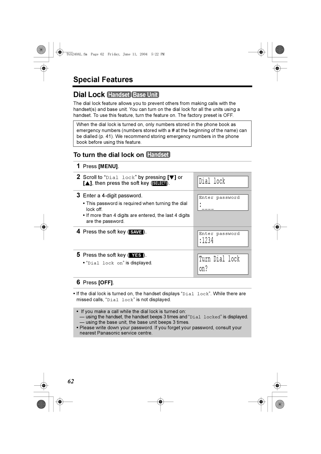 Panasonic KX-TG5240AL operating instructions 1234, On?, To turn the dial lock on Handset, Turn Dial lock 