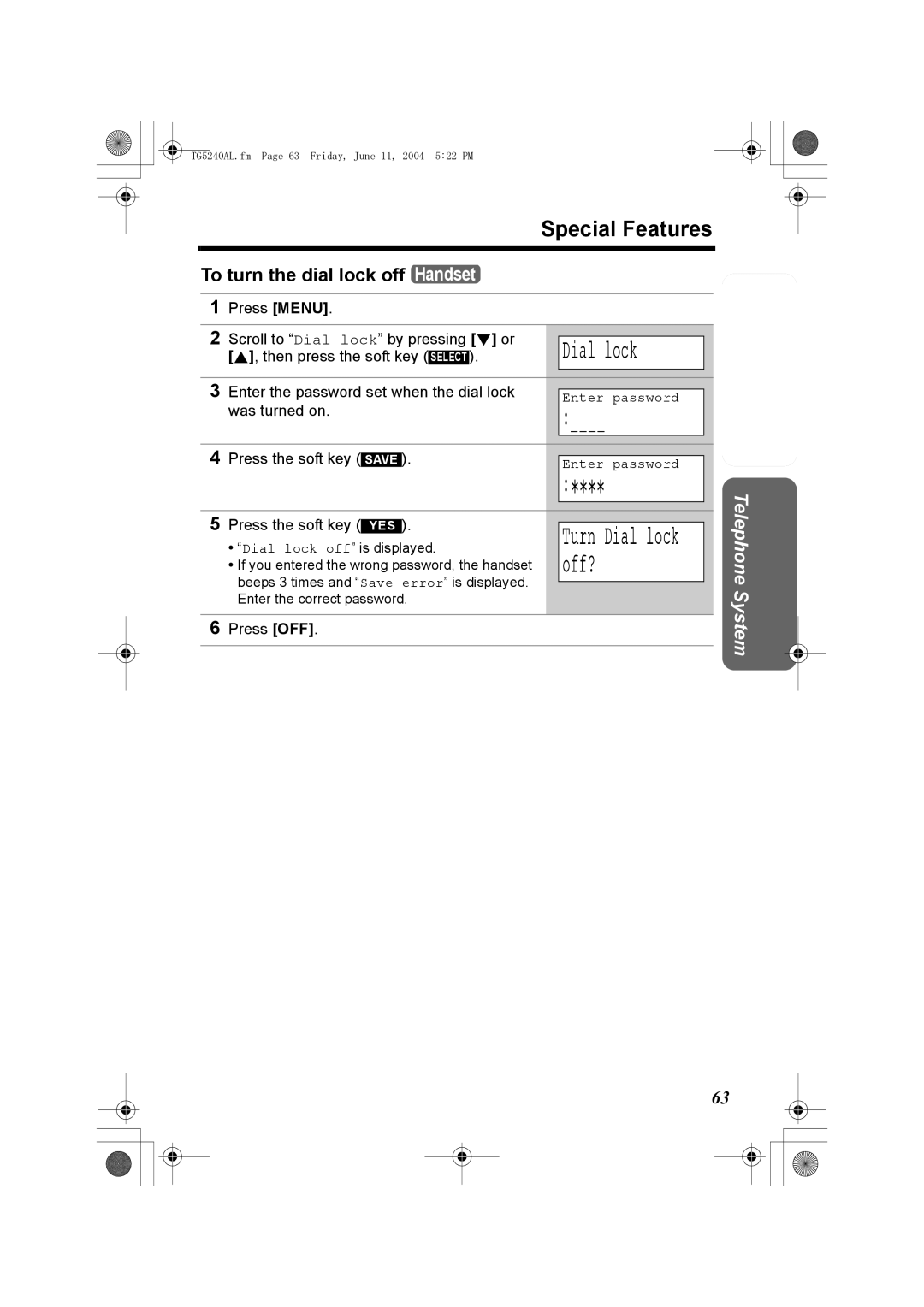 Panasonic KX-TG5240AL Off?, To turn the dial lock off Handset, Enter the password set when the dial lock 