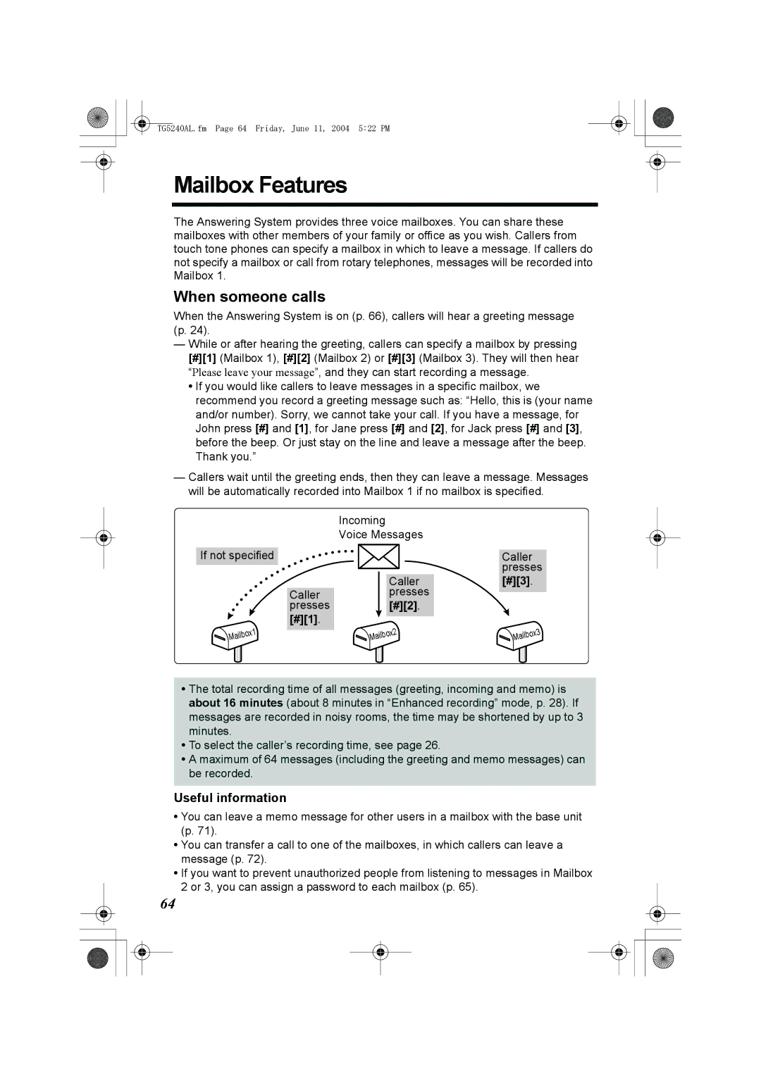 Panasonic KX-TG5240AL operating instructions Mailbox Features, When someone calls, Useful information 