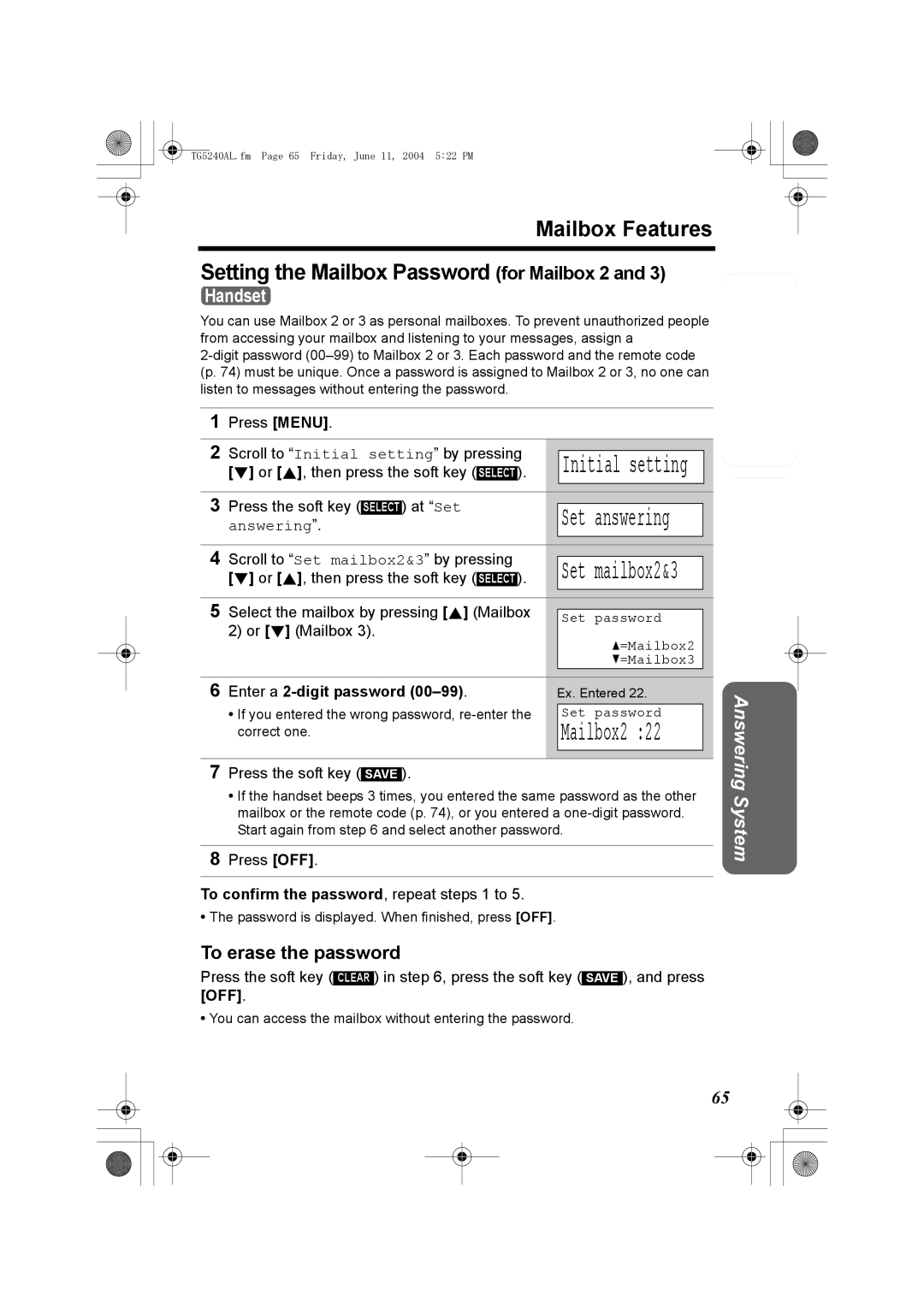 Panasonic KX-TG5240AL Mailbox Features Setting the Mailbox Password for Mailbox 2, To erase the password, Set mailbox2&3 