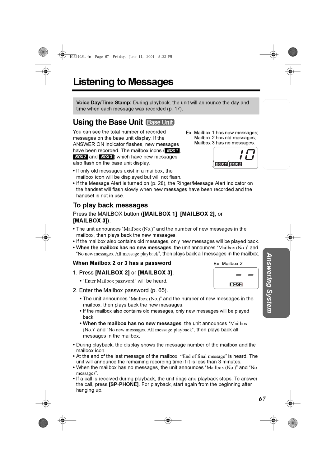 Panasonic KX-TG5240AL Listening to Messages, To play back messages, When Mailbox 2 or 3 has a password 