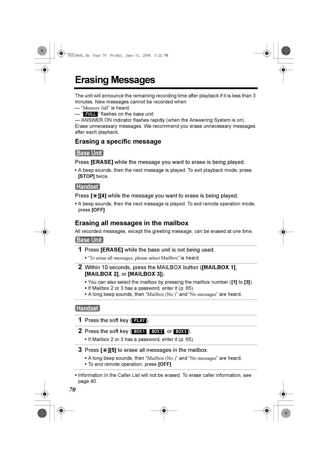 Panasonic KX-TG5240AL Erasing Messages, Erasing a specific message, Erasing all messages in the mailbox 