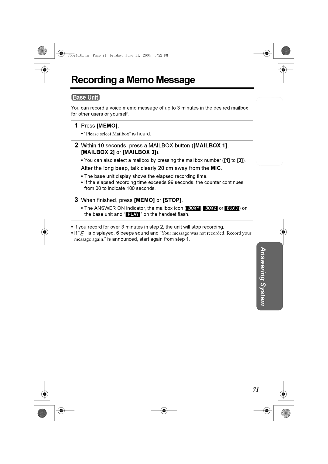 Panasonic KX-TG5240AL Recording a Memo Message, Press Memo, After the long beep, talk clearly 20 cm away from the MIC 