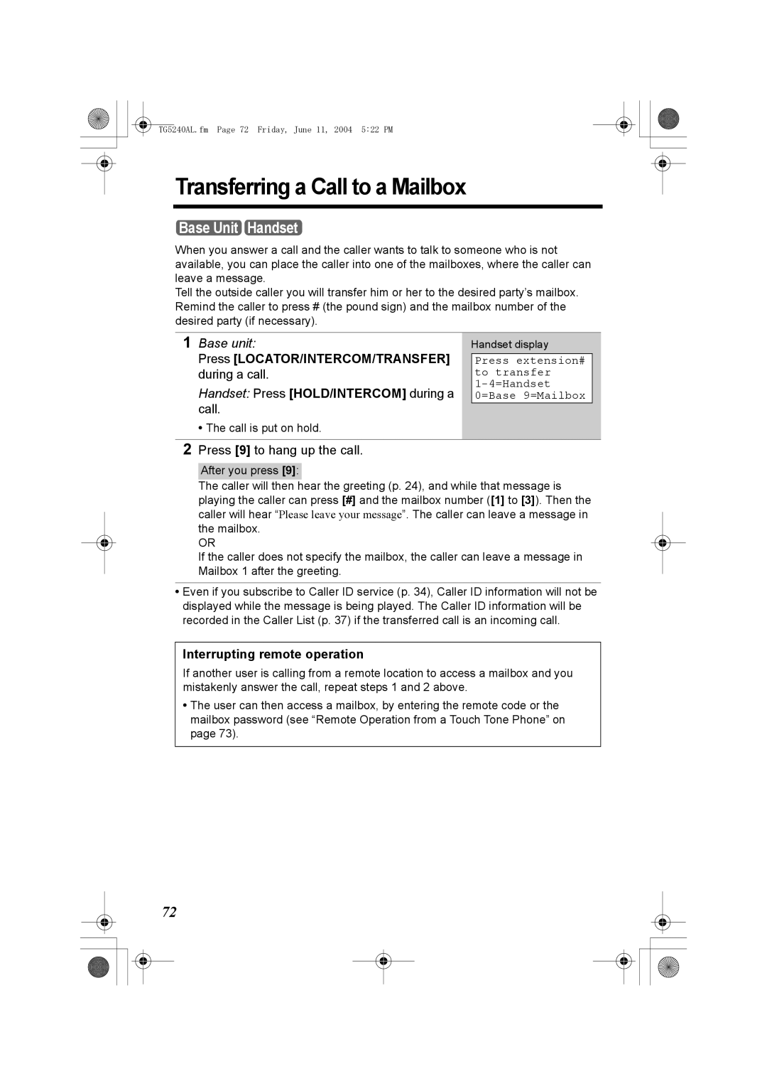 Panasonic KX-TG5240AL Transferring a Call to a Mailbox, Press 9 to hang up the call, Interrupting remote operation 