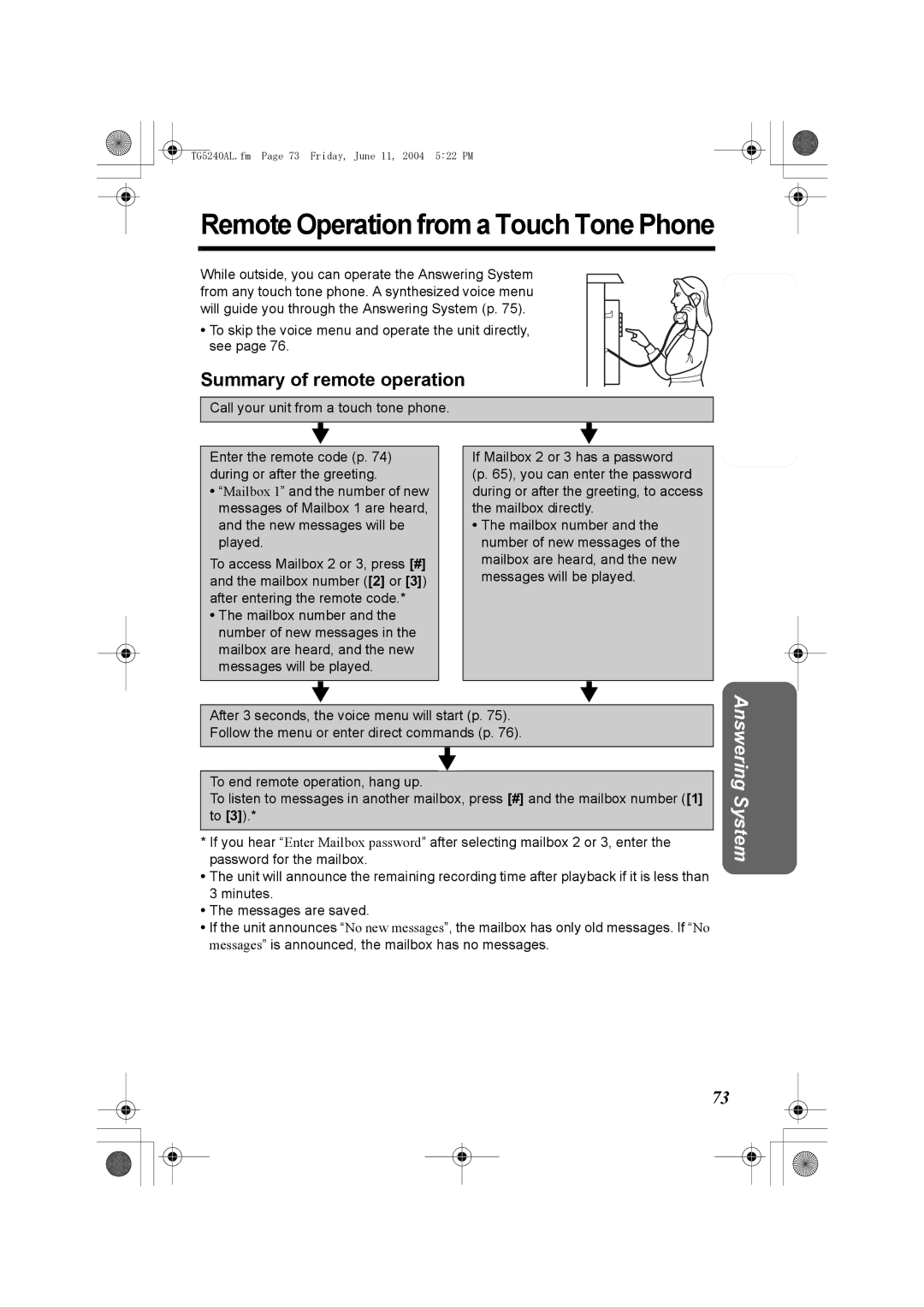 Panasonic KX-TG5240AL operating instructions Remote Operation from a Touch Tone Phone, Summary of remote operation 