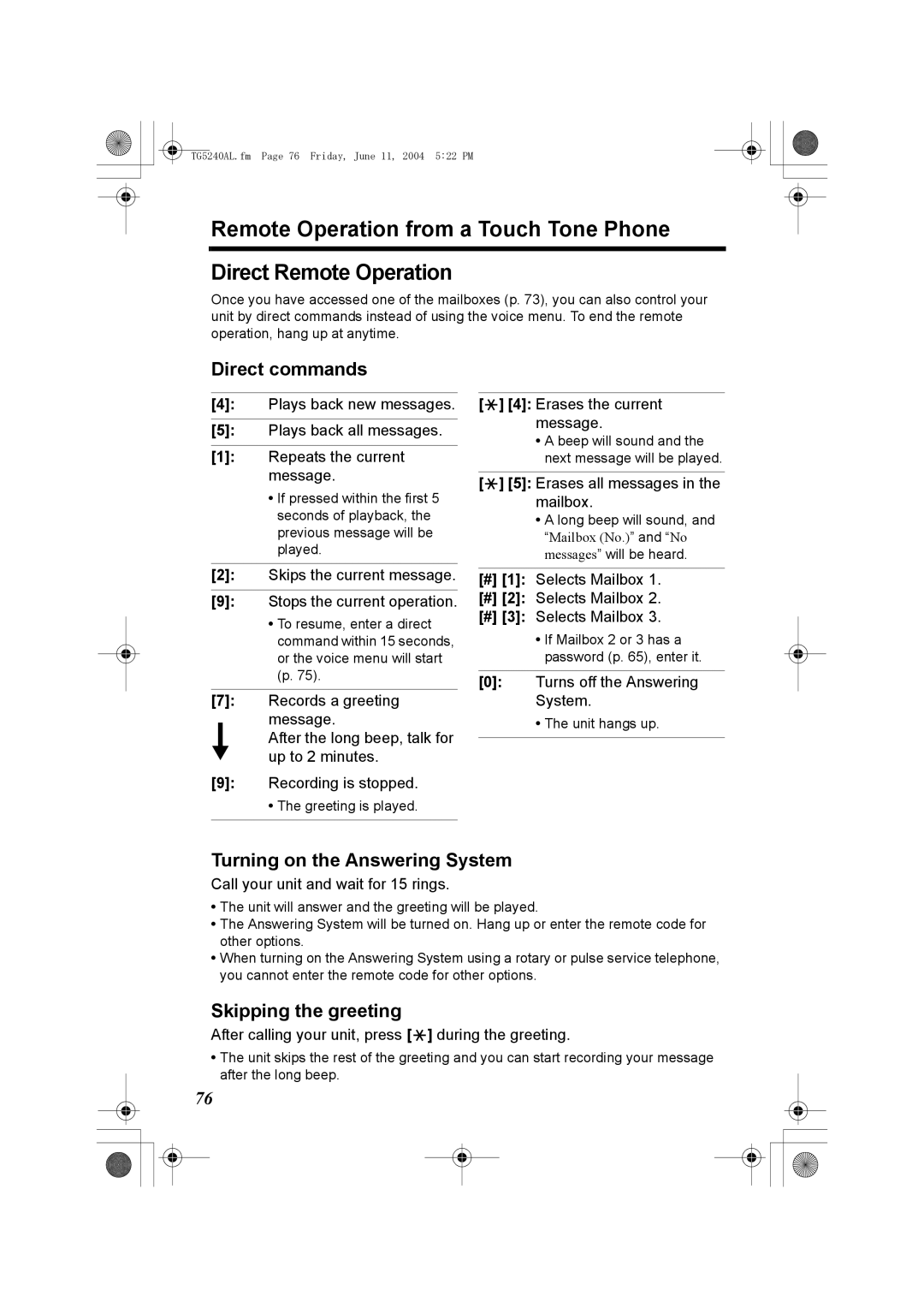 Panasonic KX-TG5240AL operating instructions Direct commands, Turning on the Answering System, Skipping the greeting 