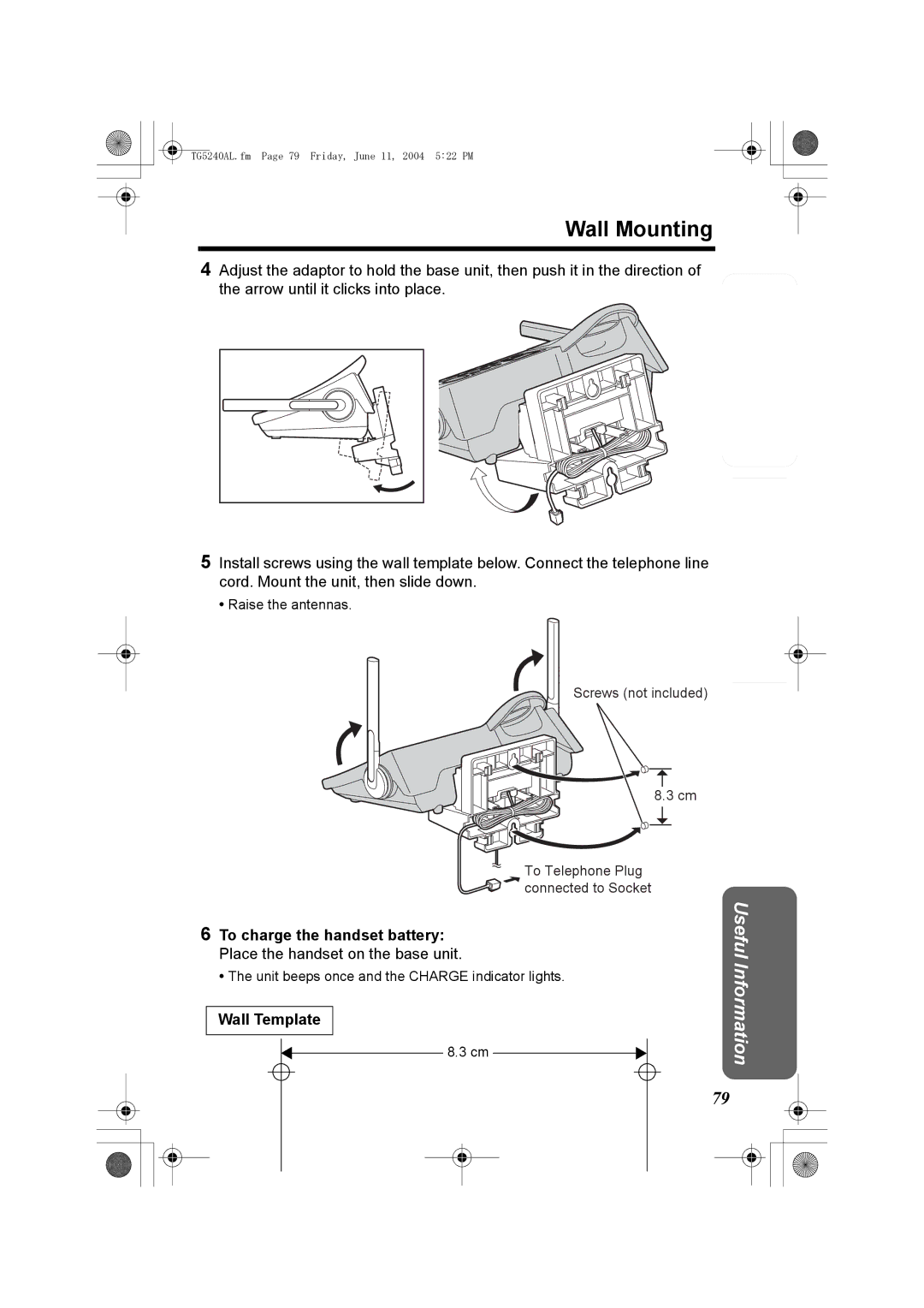 Panasonic KX-TG5240AL operating instructions Wall Mounting, Wall Template 