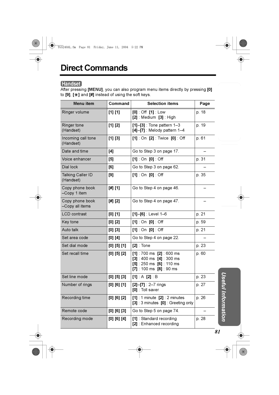 Panasonic KX-TG5240AL operating instructions Direct Commands, Menu item Command Selection items, 2-7 2-7 rings 