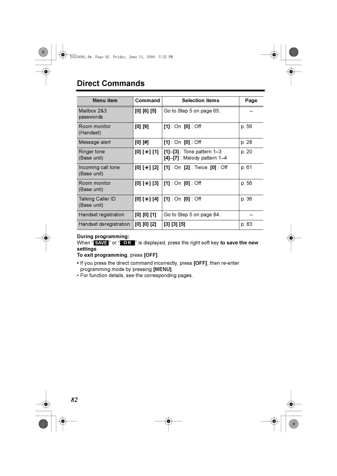 Panasonic KX-TG5240AL operating instructions Direct Commands, During programming, To exit programming, press OFF 