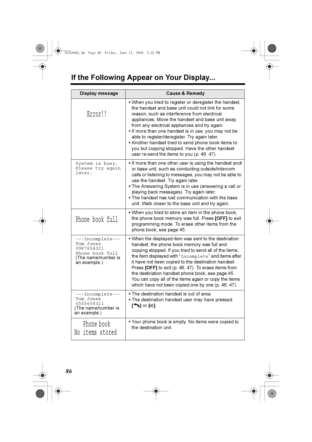 Panasonic KX-TG5240AL operating instructions If the Following Appear on Your Display, Phone book full, No items stored 