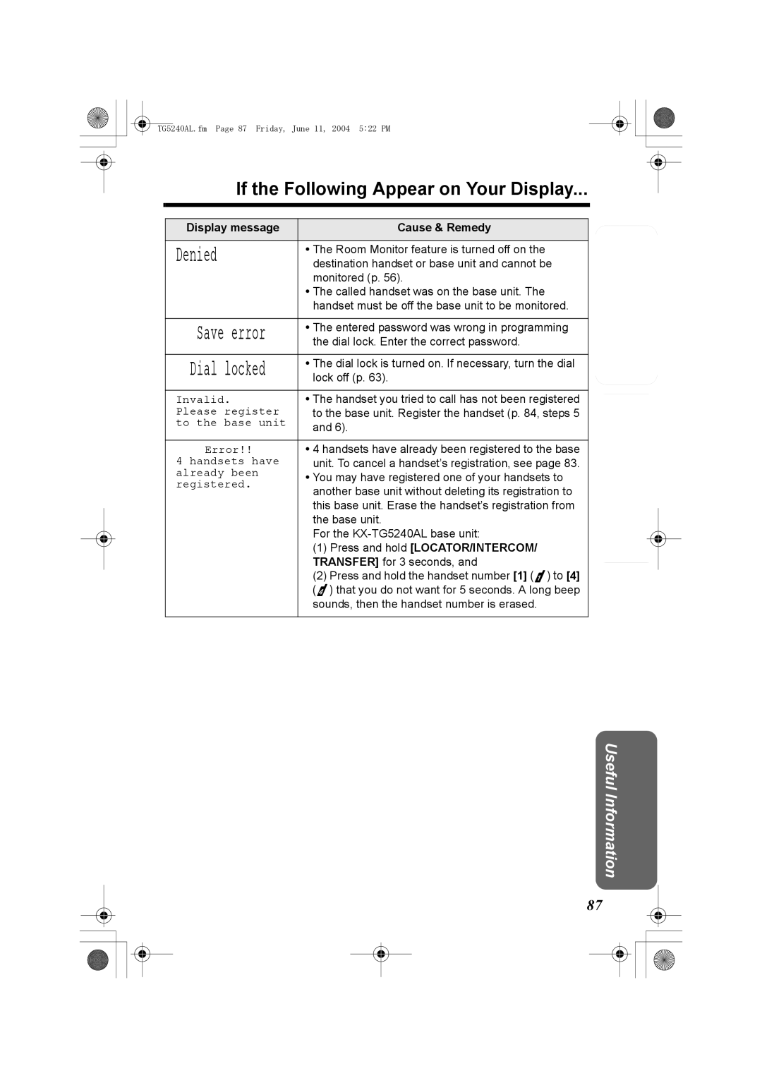 Panasonic KX-TG5240AL operating instructions Denied, Dial locked 